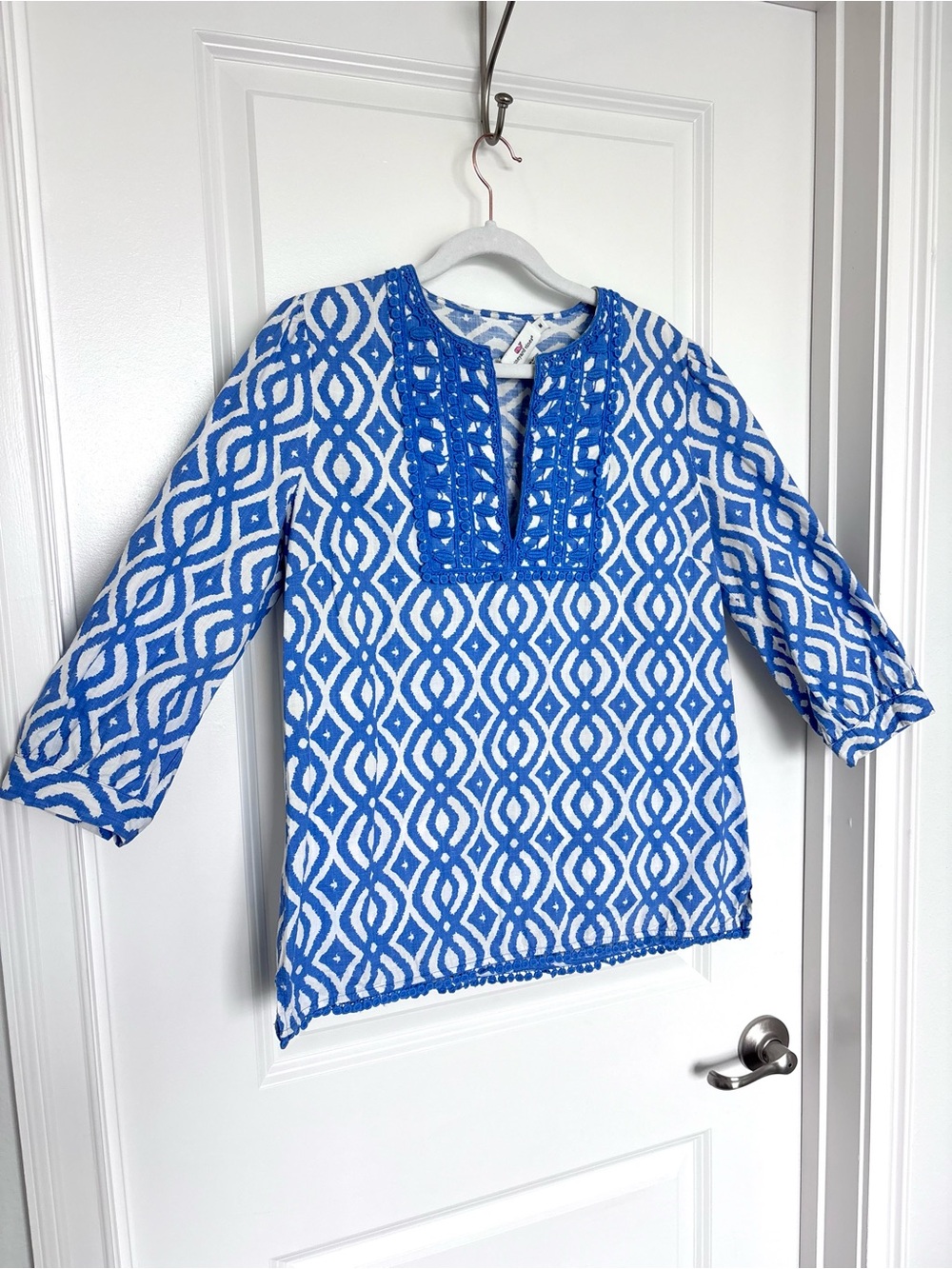 Vineyard Vines cotton  Blue White Geometric Tunic Top Coastal 3/4 Sleeve Resort